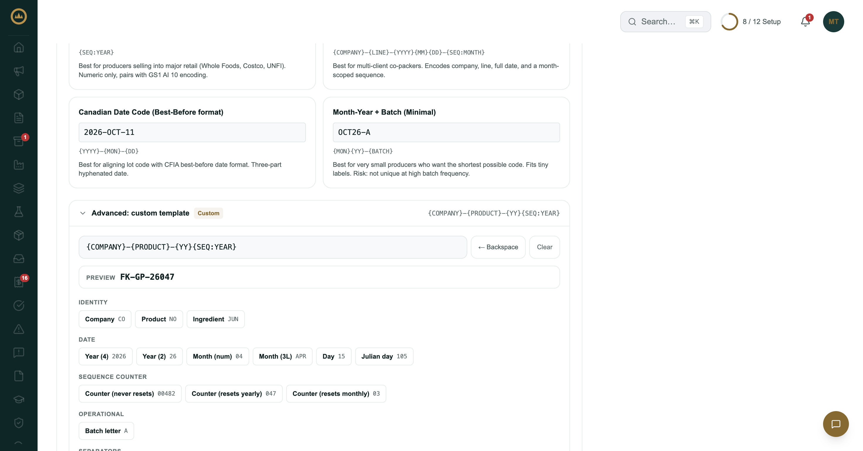 The custom template builder with a template, a live preview, and token buttons grouped as identity, date, sequence counter and operational