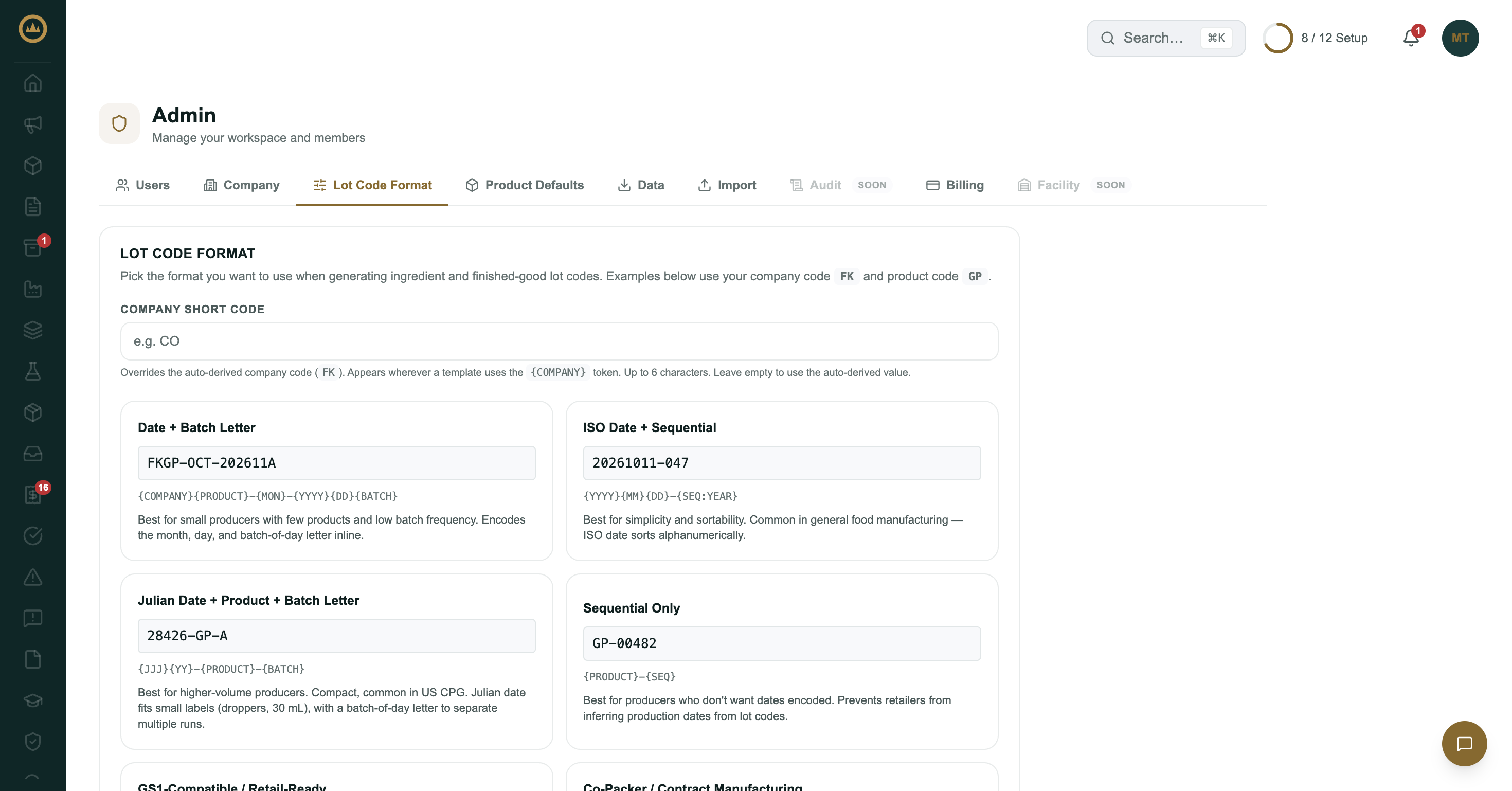 Admin, Lot code format: the company short code field and the built-in styles, each with an example code and its tokens