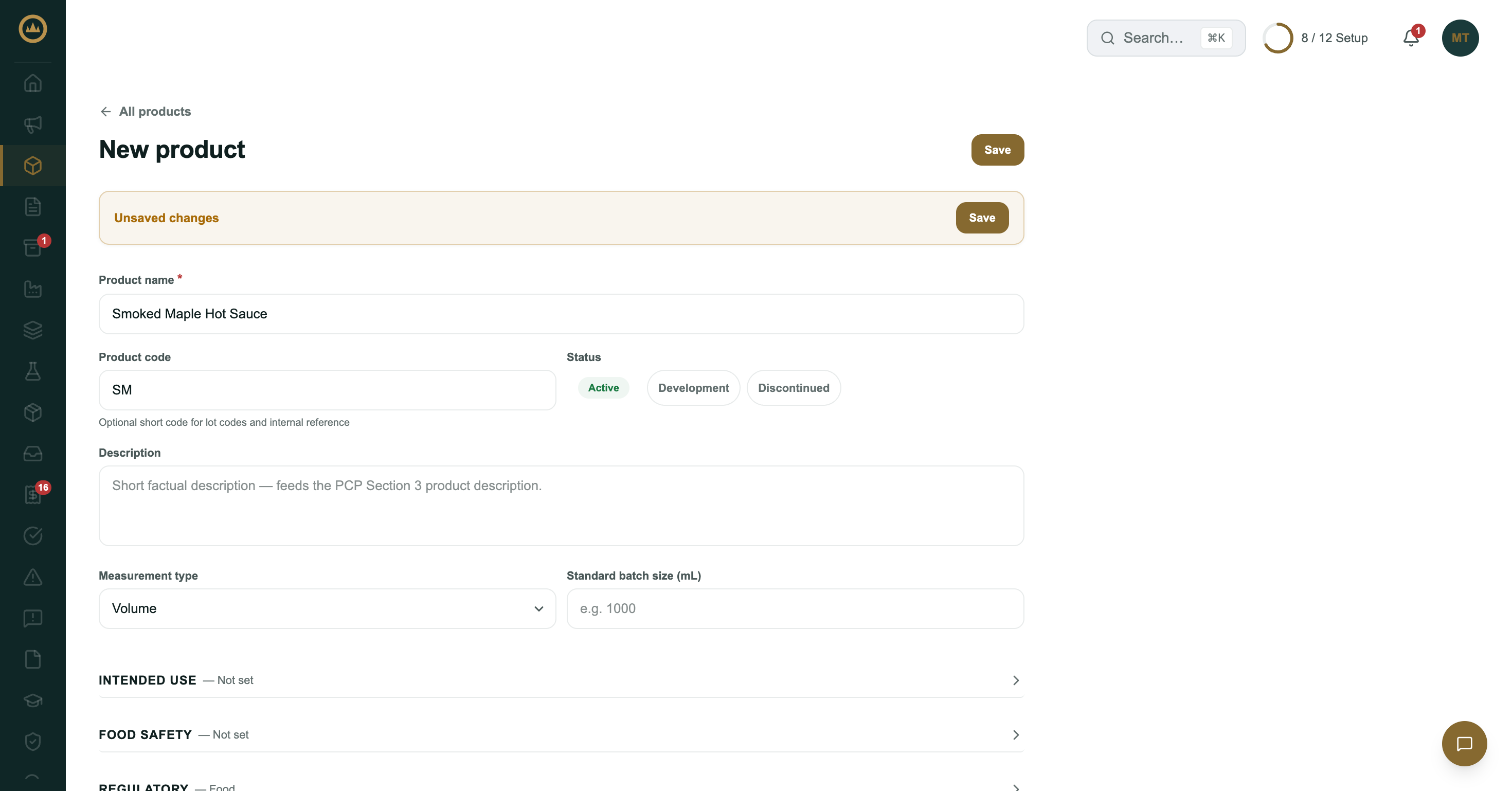 The New product page with a product name and code filled in, the status choices, and the measurement type set to Volume
