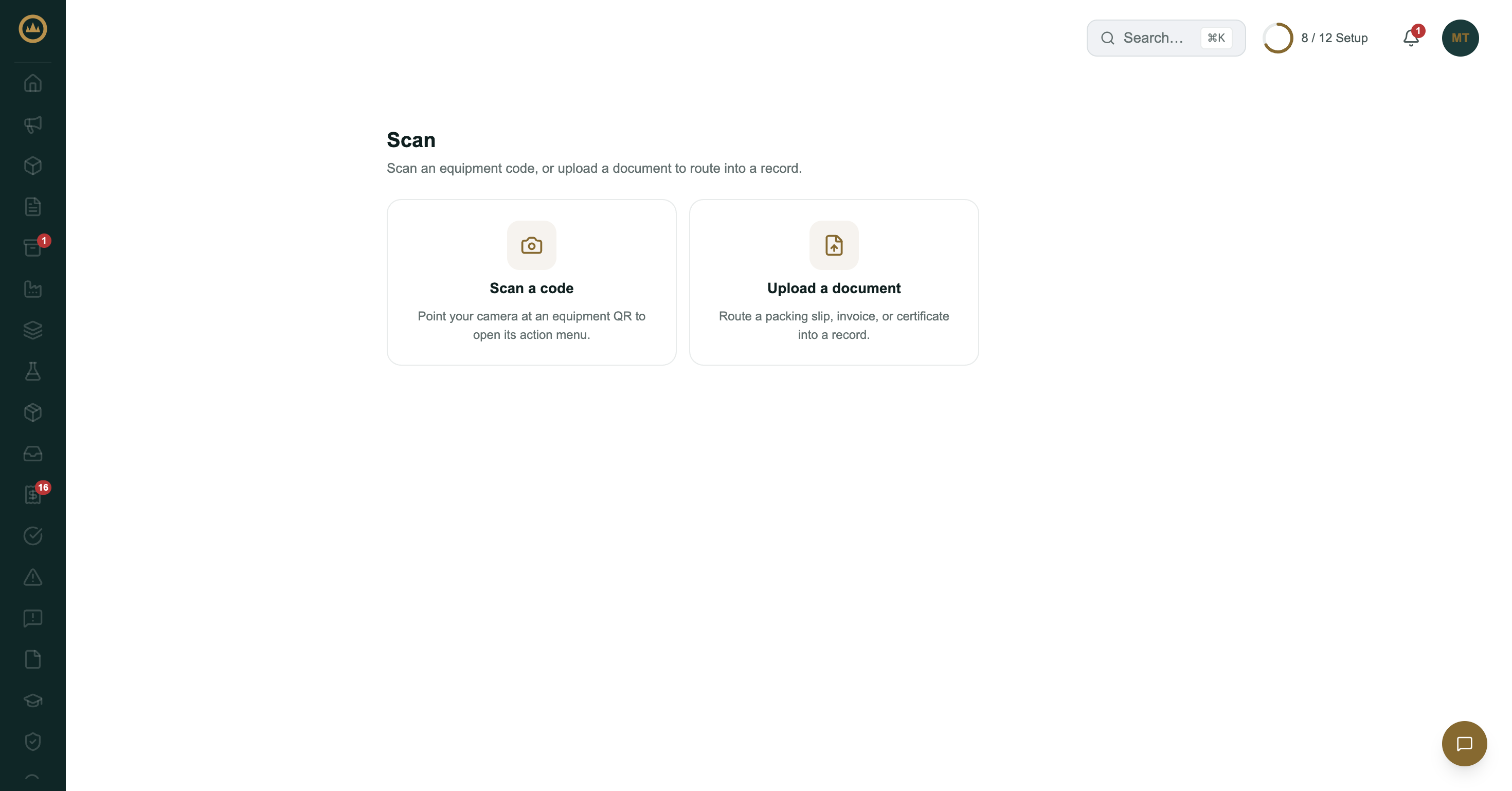 The Scan page with two choices: Scan a code and Upload a document