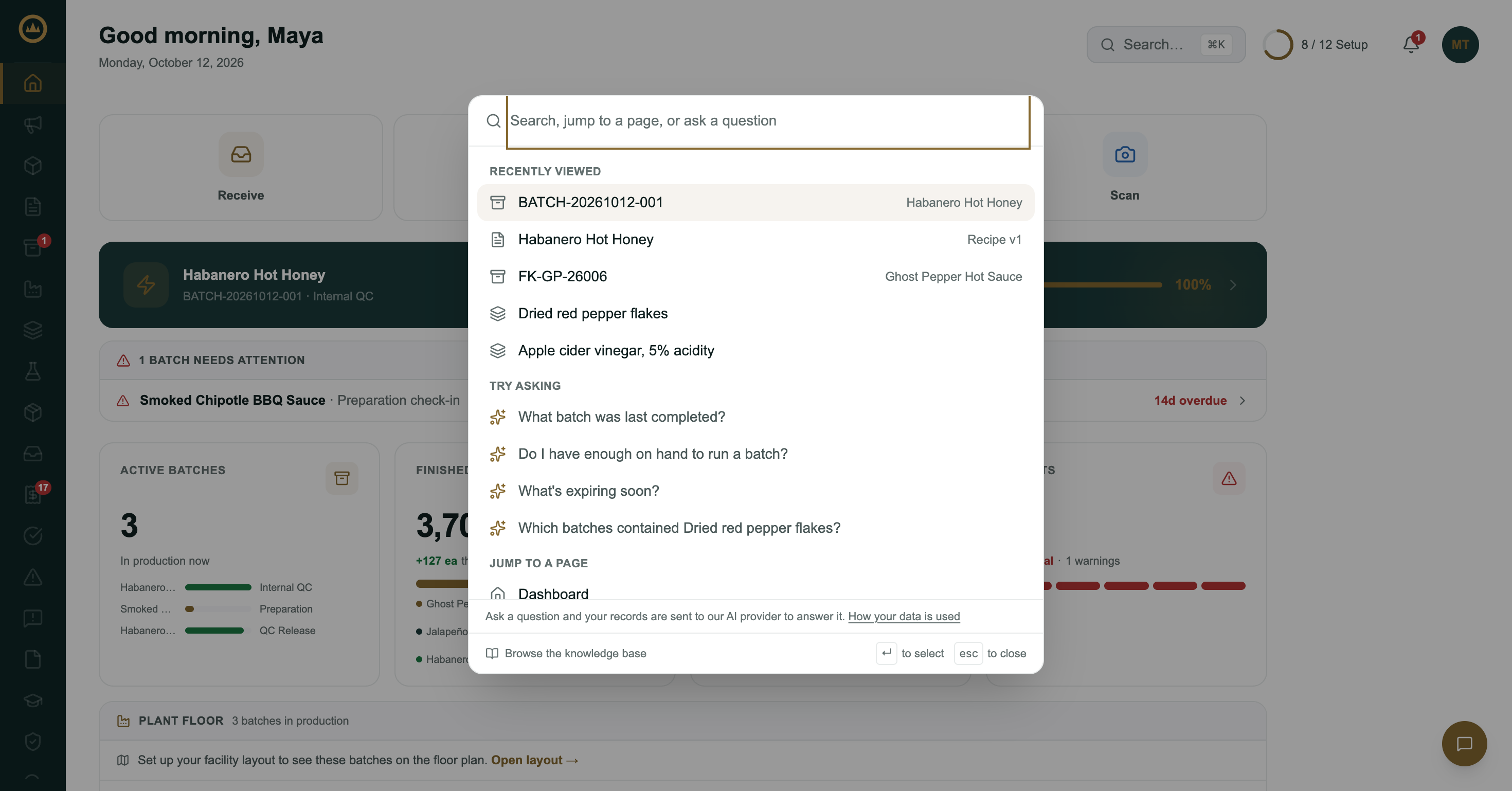 The search palette opened from the dashboard, listing Recently viewed records, Try asking questions and Jump to a page