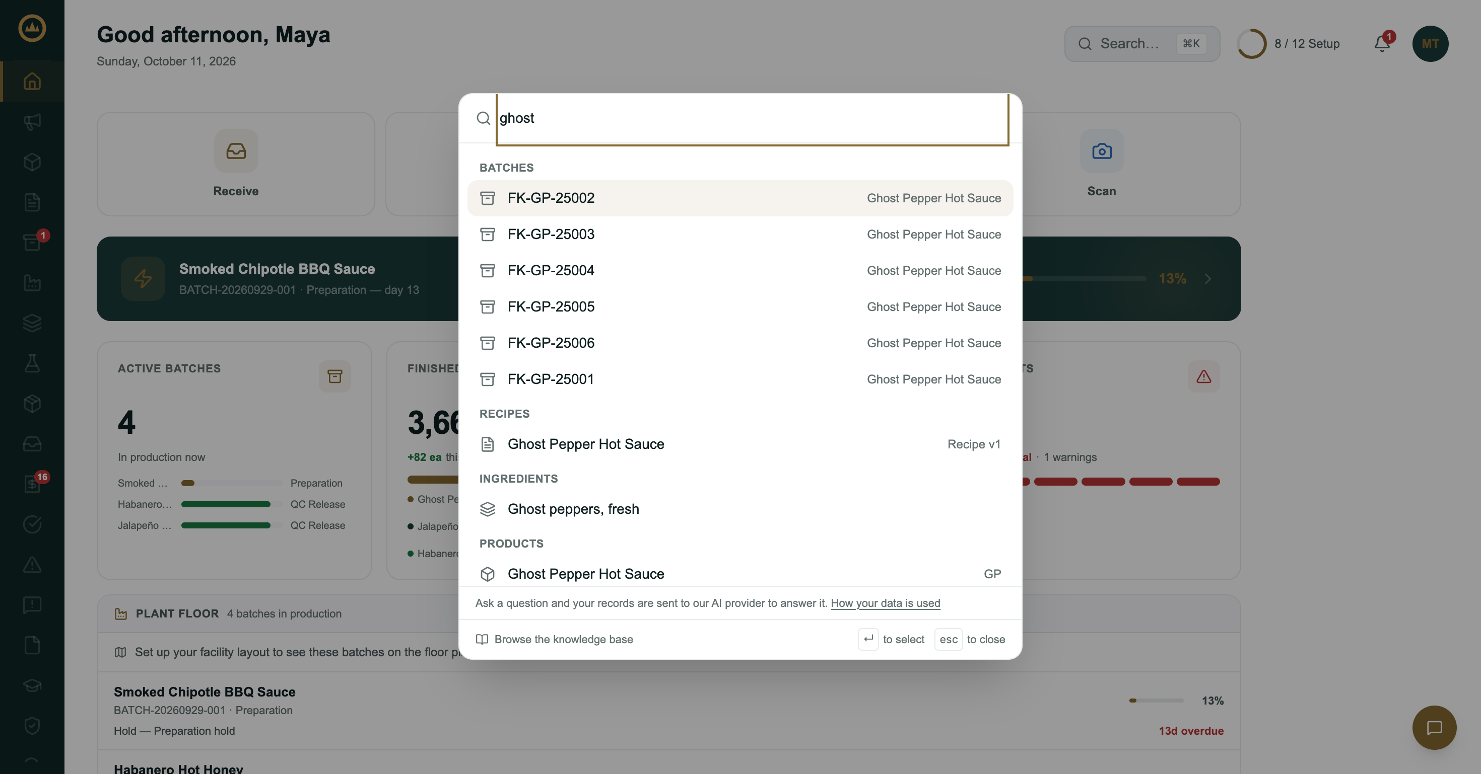 The search palette with ghost typed, showing matching batches, a recipe, an ingredient and a product grouped by type
