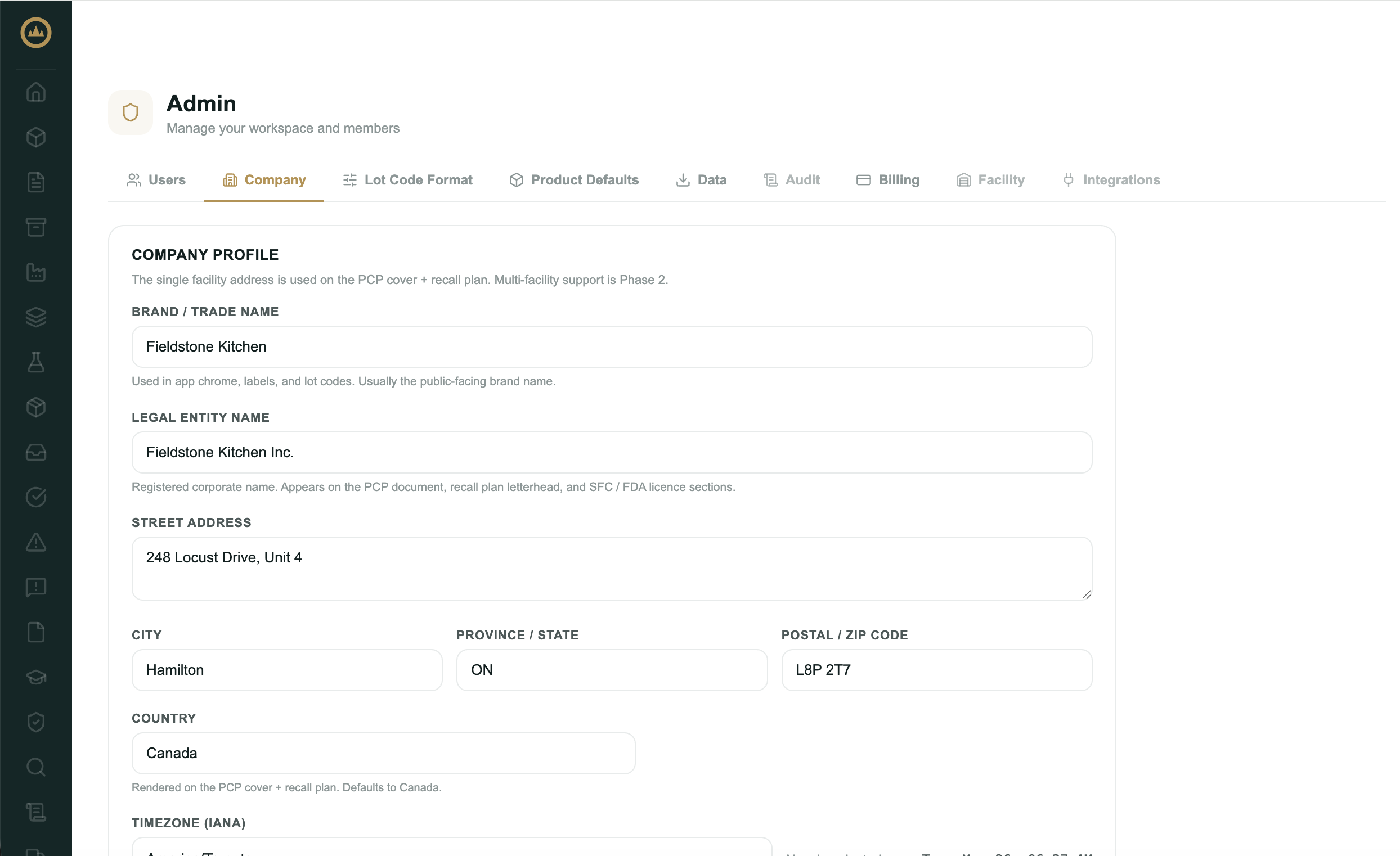 The facility settings screen showing name, address, registration, and lot code format fields