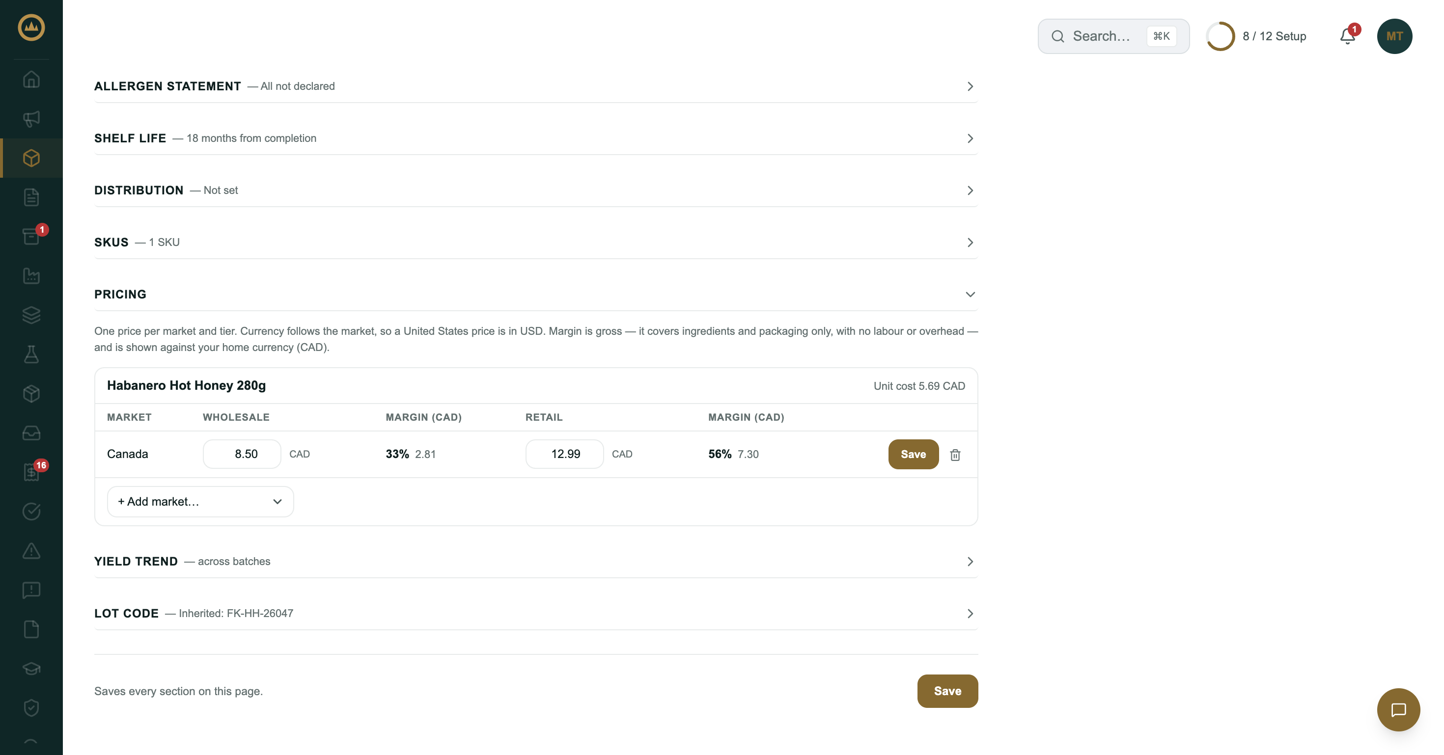 A product's Pricing section: a SKU with its unit cost, a Canada market with wholesale and retail prices, and the gross margin beside each as a percentage and an amount