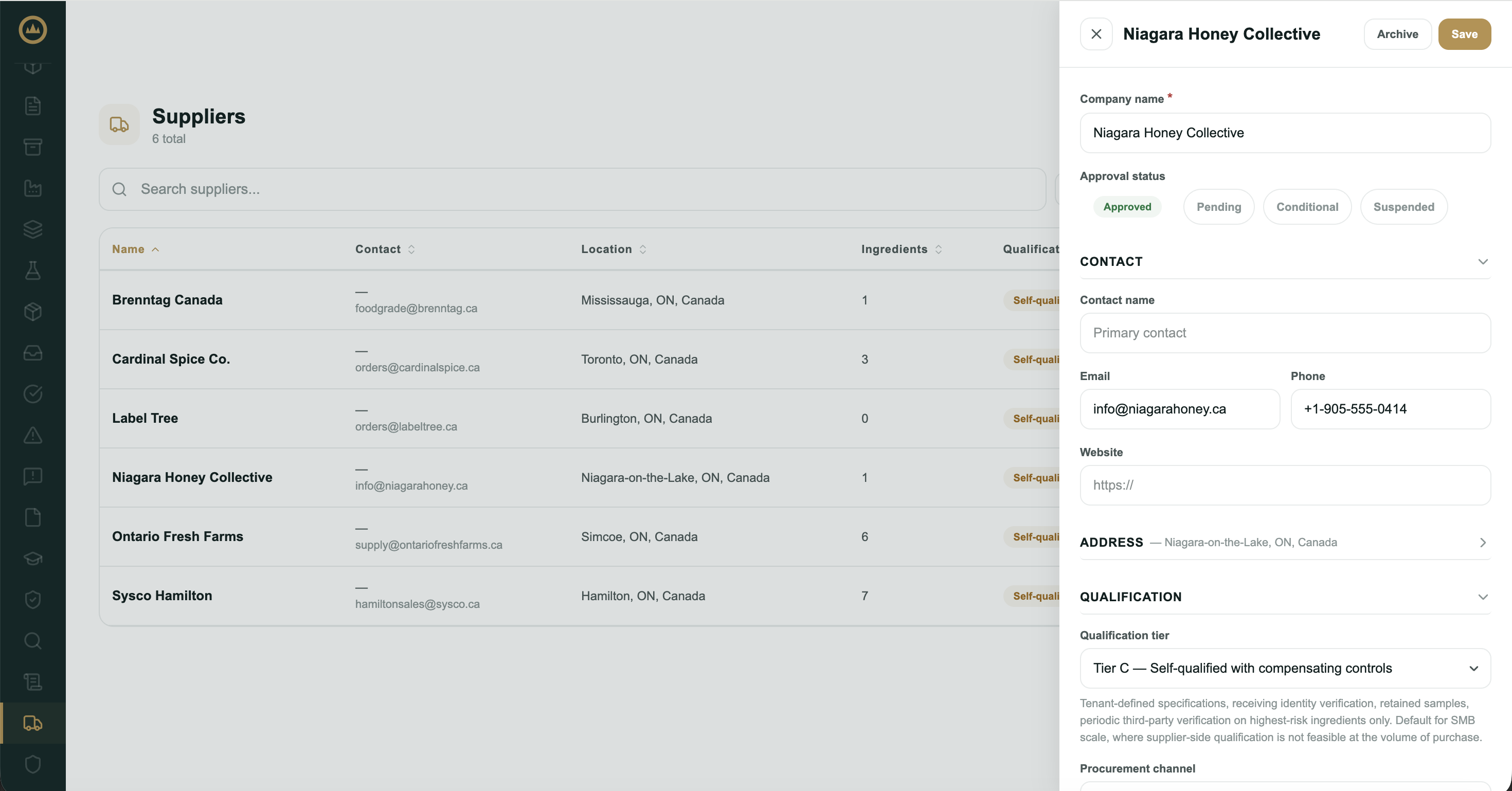 The supplier drawer showing company name, approval status, contact, address, and qualification sections