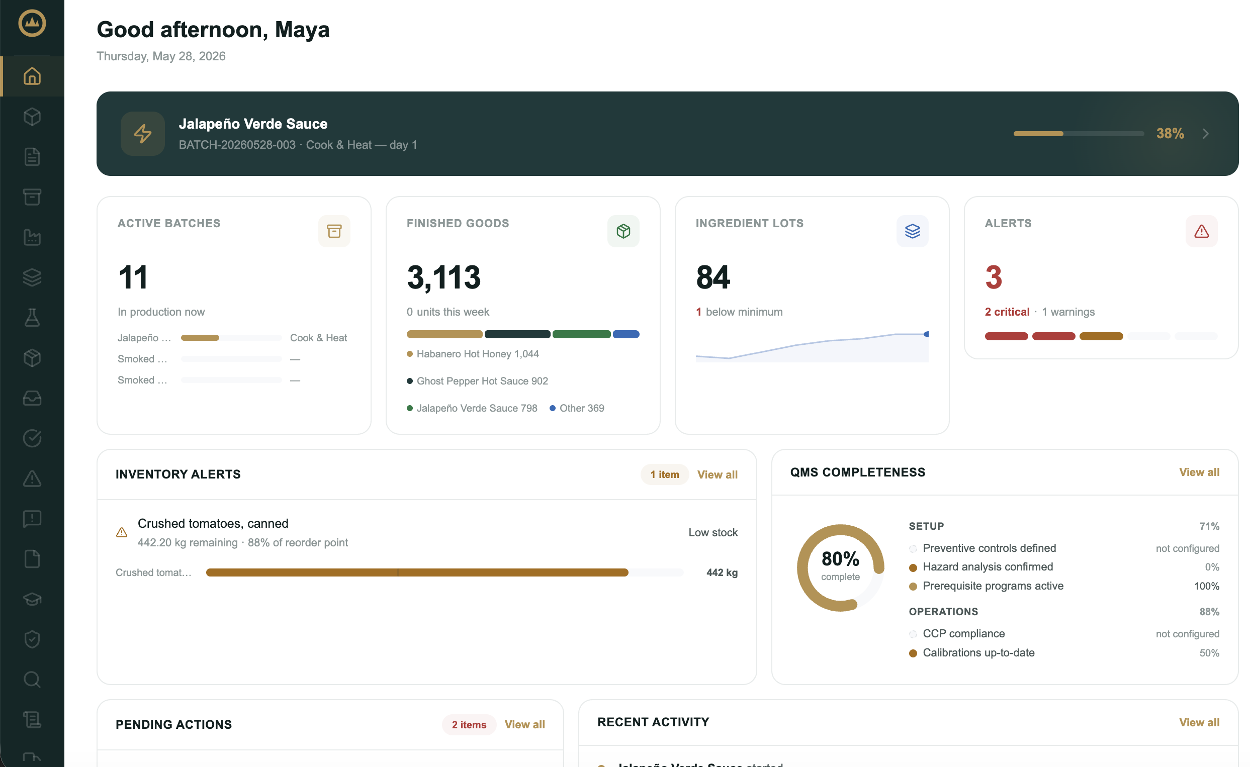 The dashboard showing the QMS completeness card: an overall percentage ring beside Setup and Operations pillar scores, each listing signals such as preventive controls, hazard analysis, prerequisite programs, CCP compliance, and calibrations