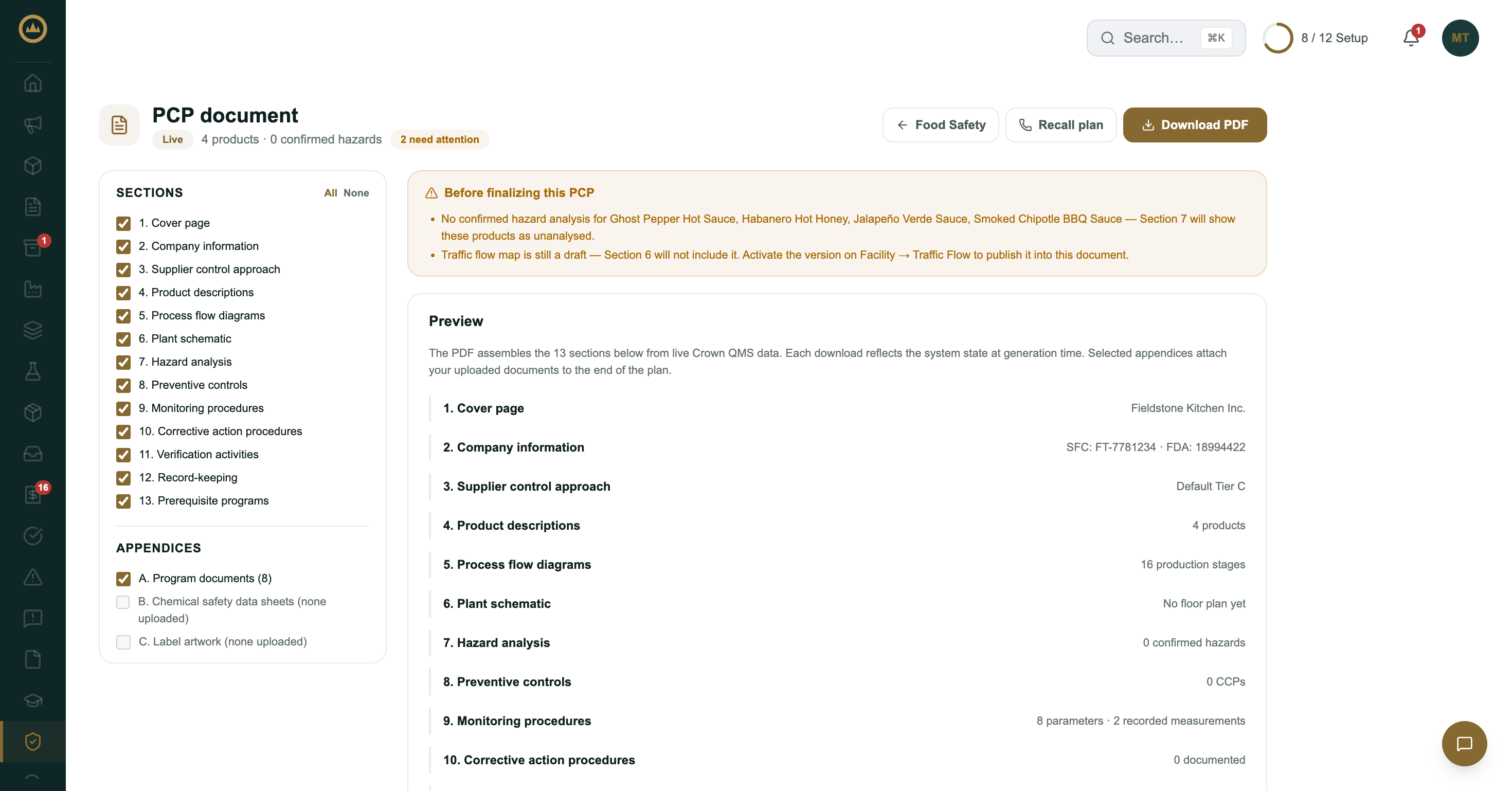 The PCP document page with the section and appendix checklist on the left, warnings to review before finalizing, and a preview of each section
