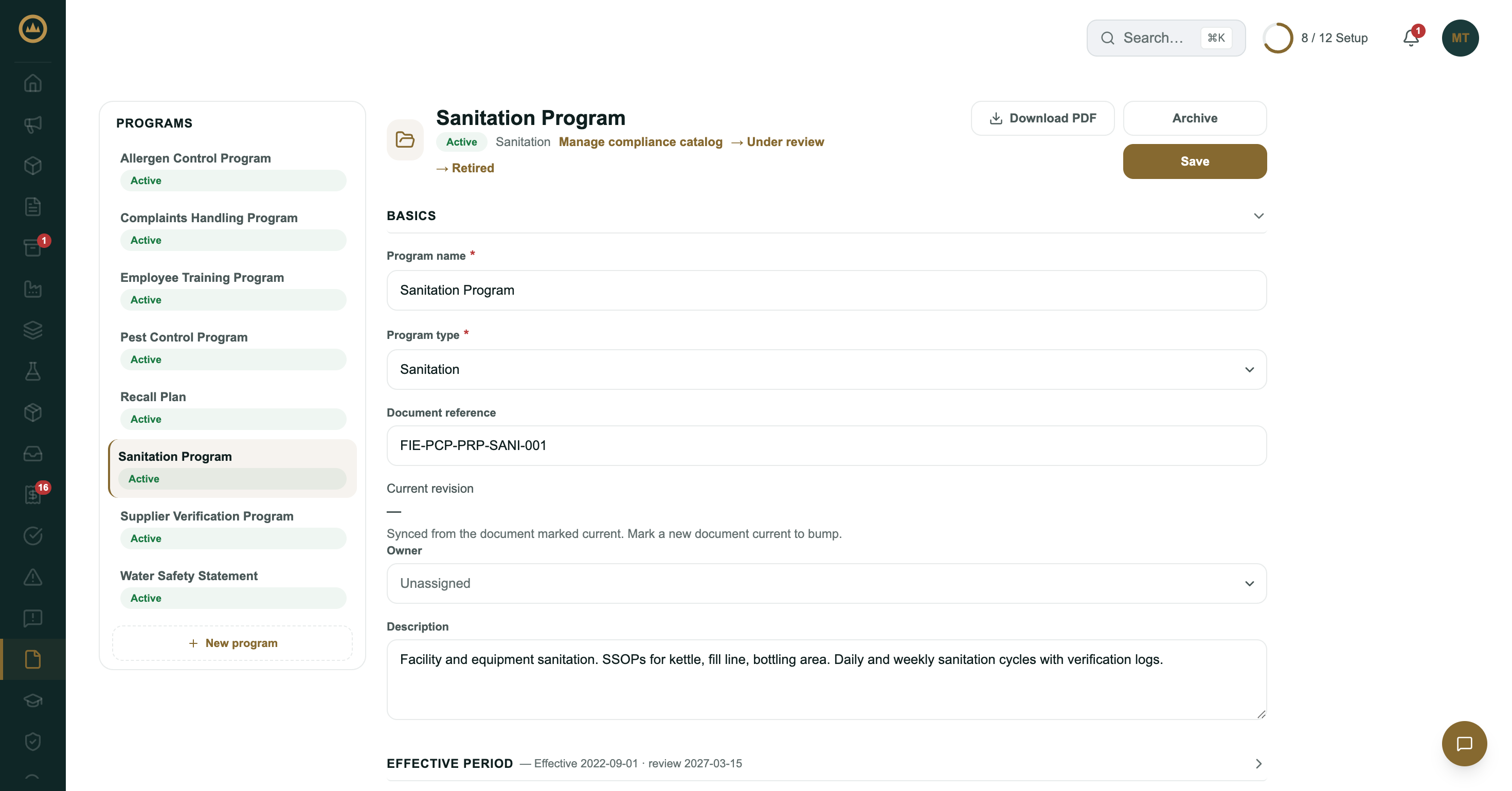 A sanitation program's page with the list of programs on the left and its Basics section open