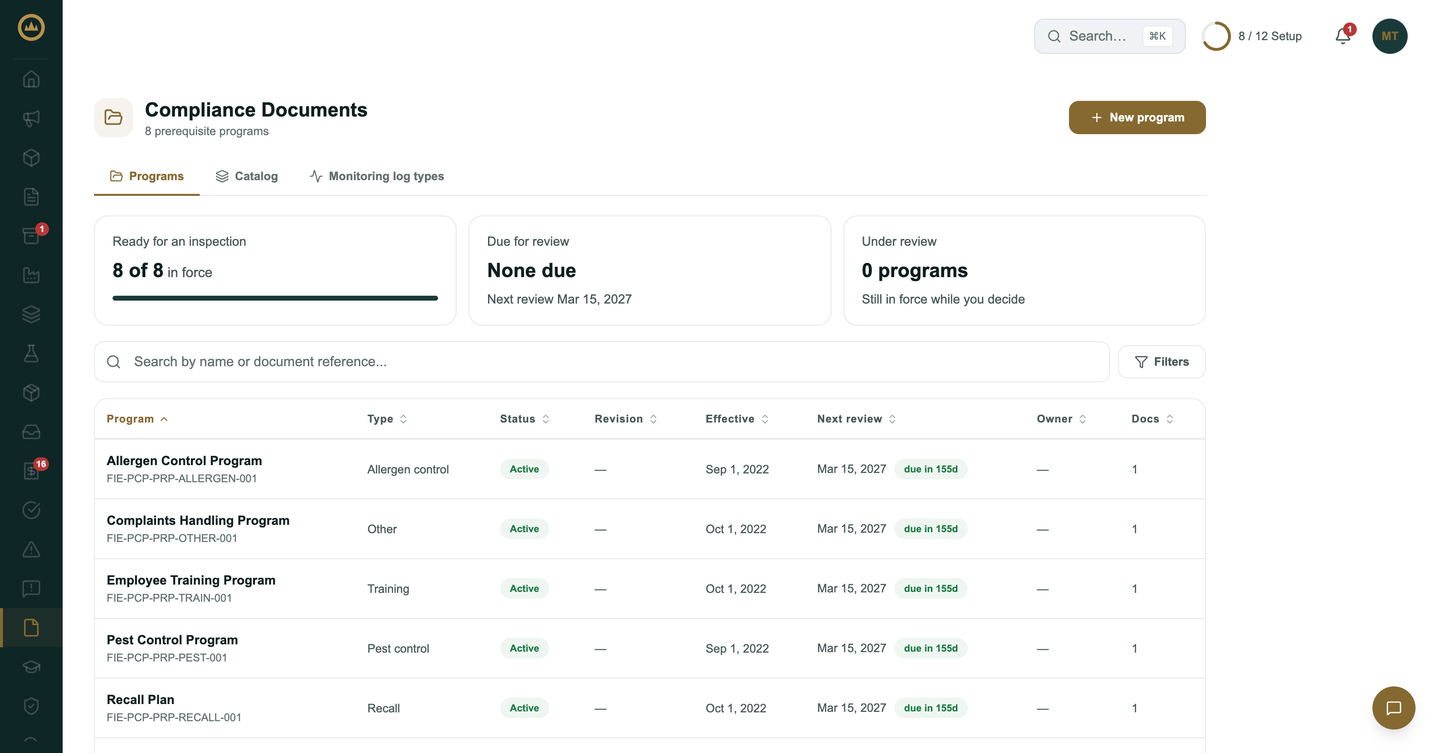 Compliance Documents on the Programs tab: summary cards for inspection readiness and reviews, and the list of programs with type, status, effective date and next review