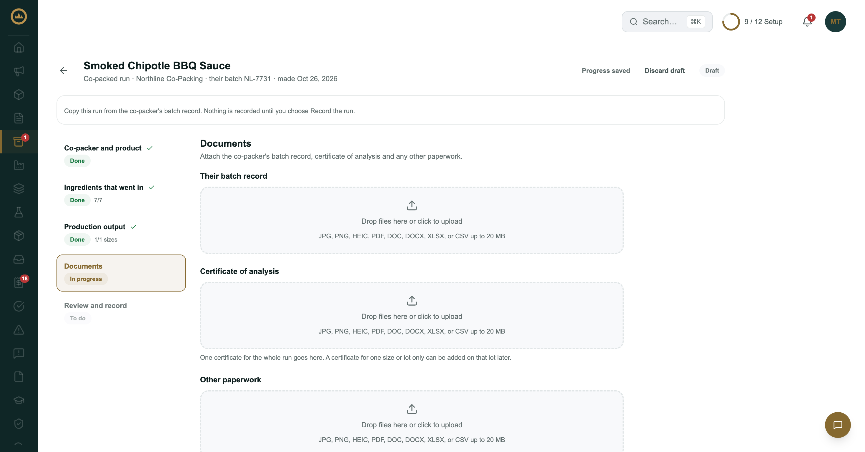 The documents step with upload areas for the batch record, certificate of analysis and other paperwork
