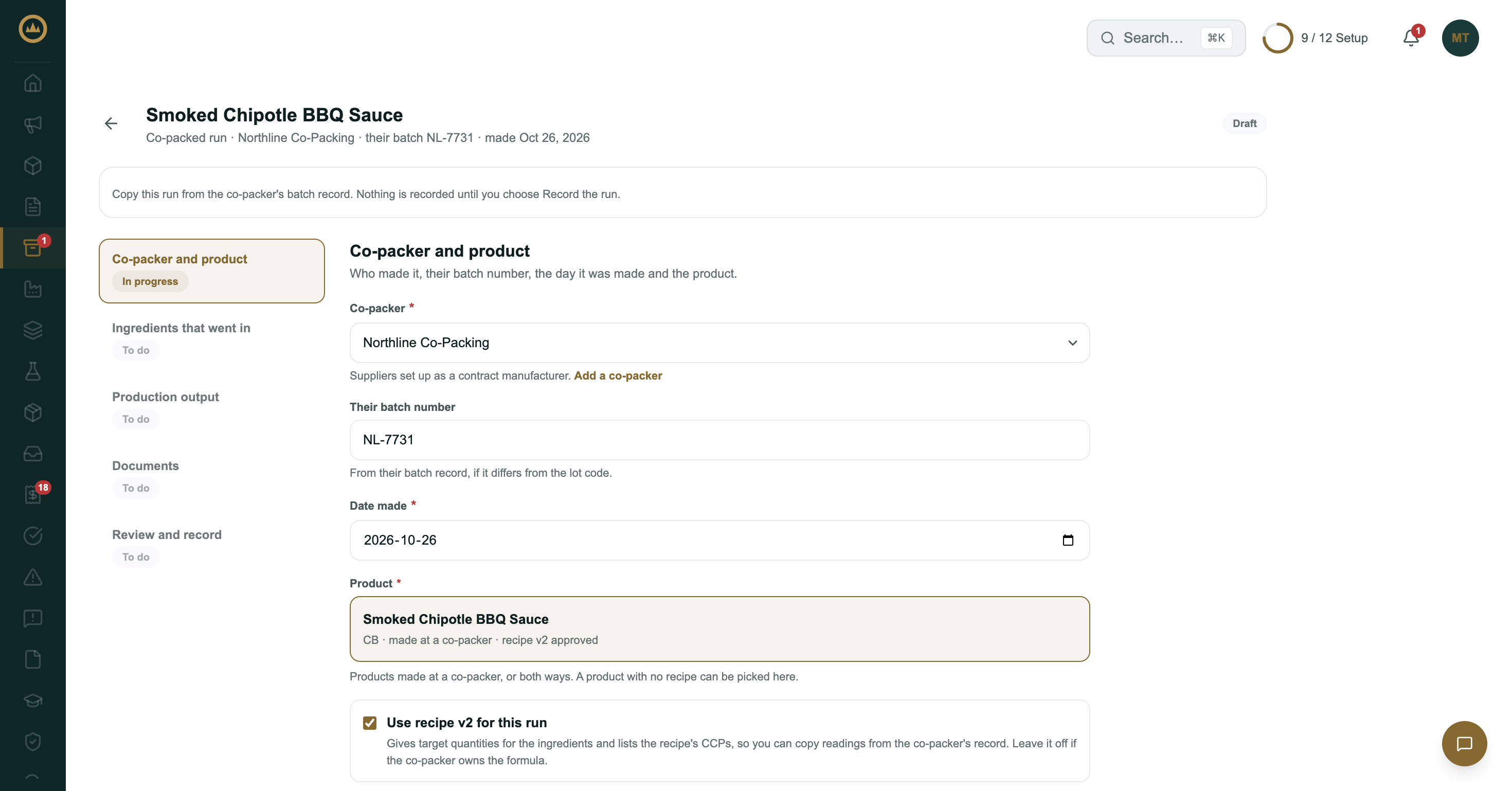 The co-packed run page on its first step, with Northline Co-Packing, their batch number, the date made and the product filled in