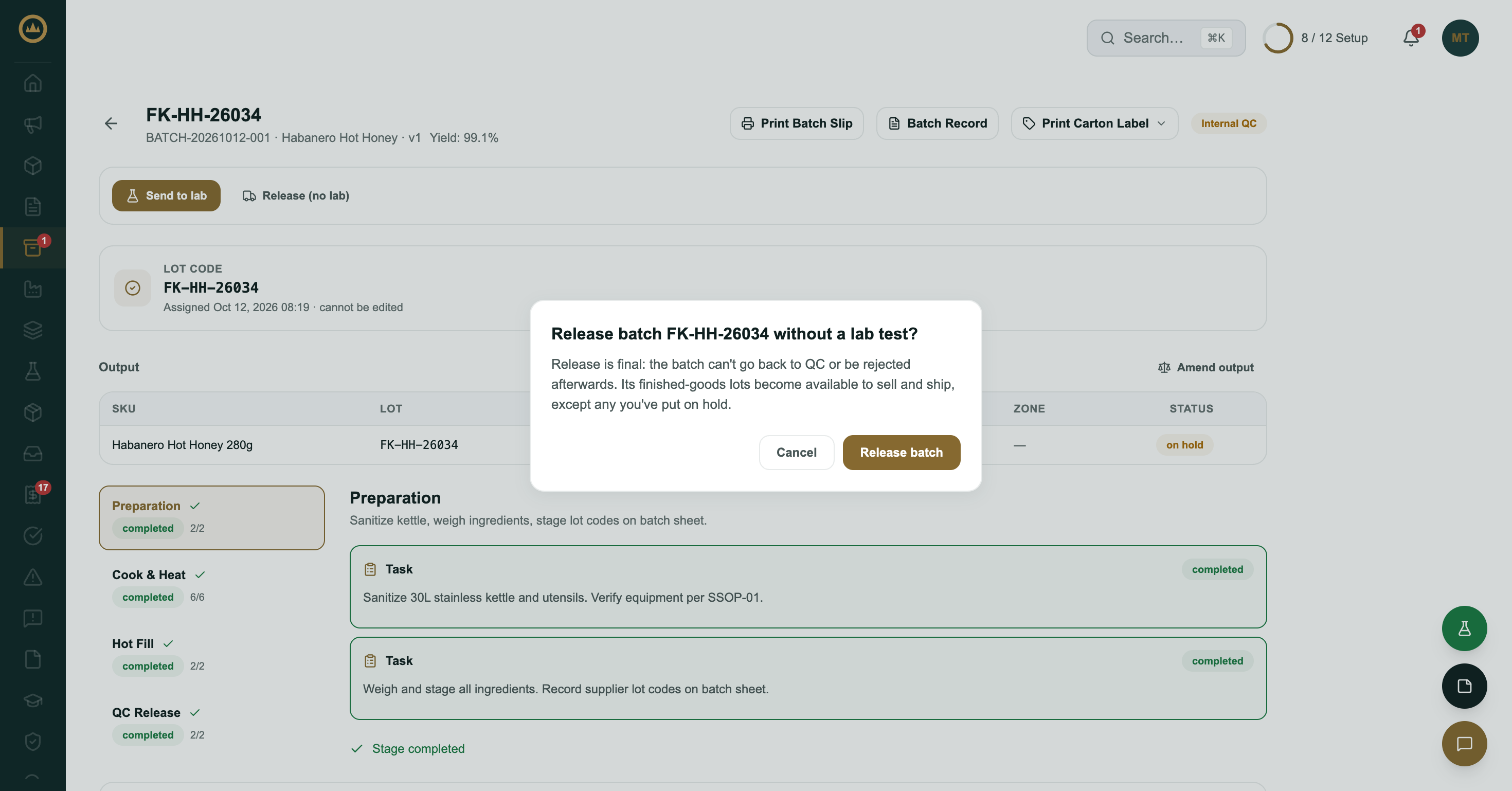 A confirmation over the batch page: Release batch FK-HH-26034 without a lab test? Release is final, with Cancel and Release batch buttons
