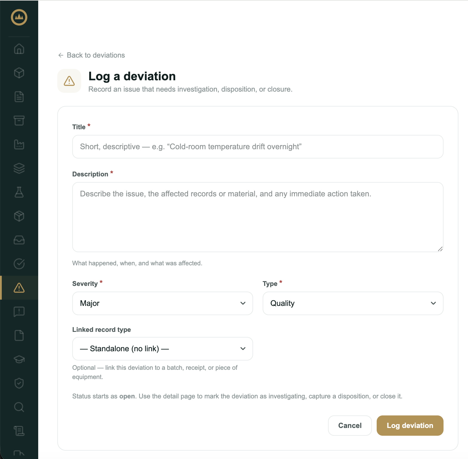 The new deviation form showing title, description, severity, type, and an optional linked-record picker