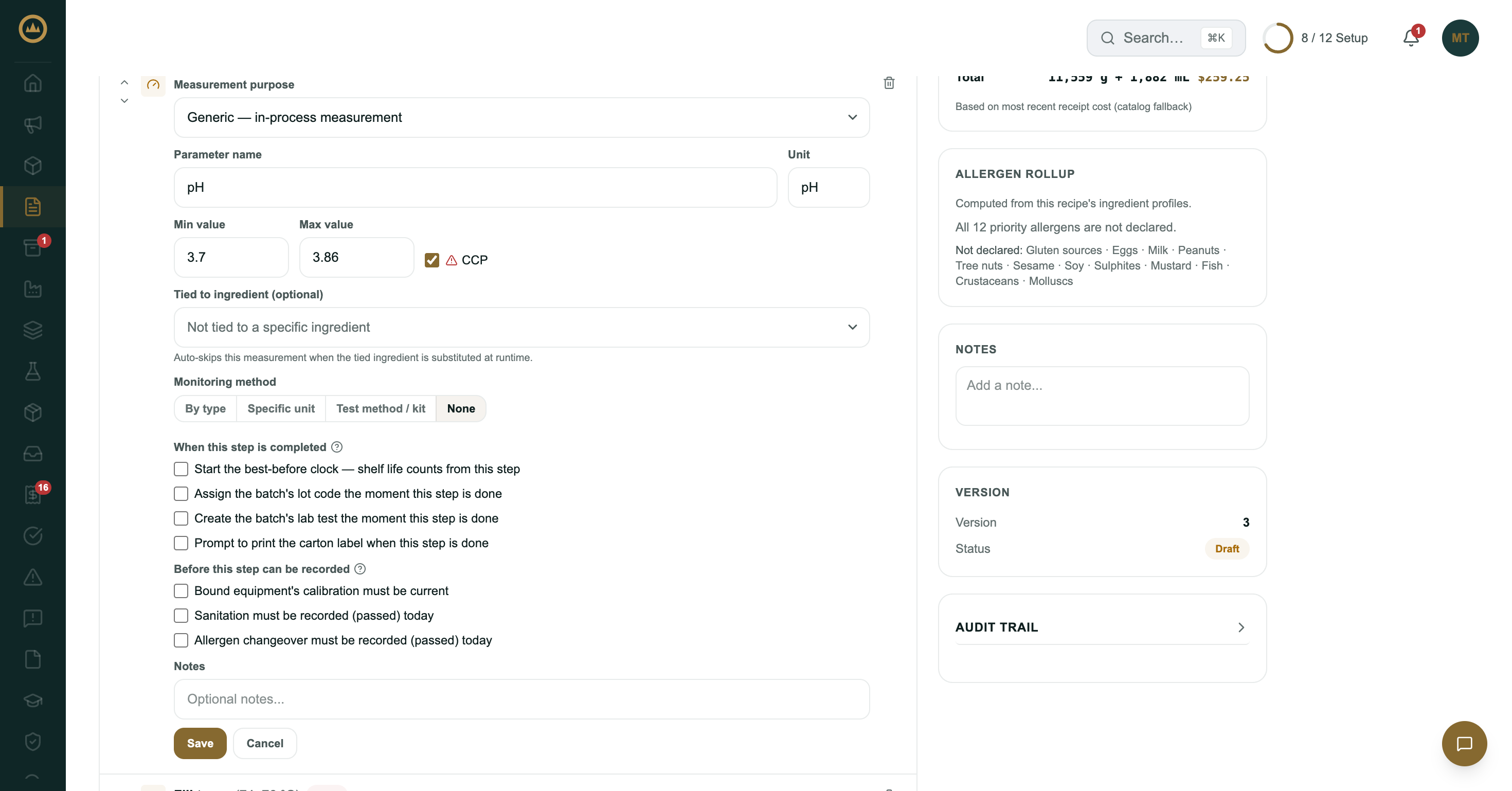 The recipe editor with a pH measurement open: parameter name pH, unit pH, min 3.7, max 3.86, CCP ticked, and the monitoring method choices