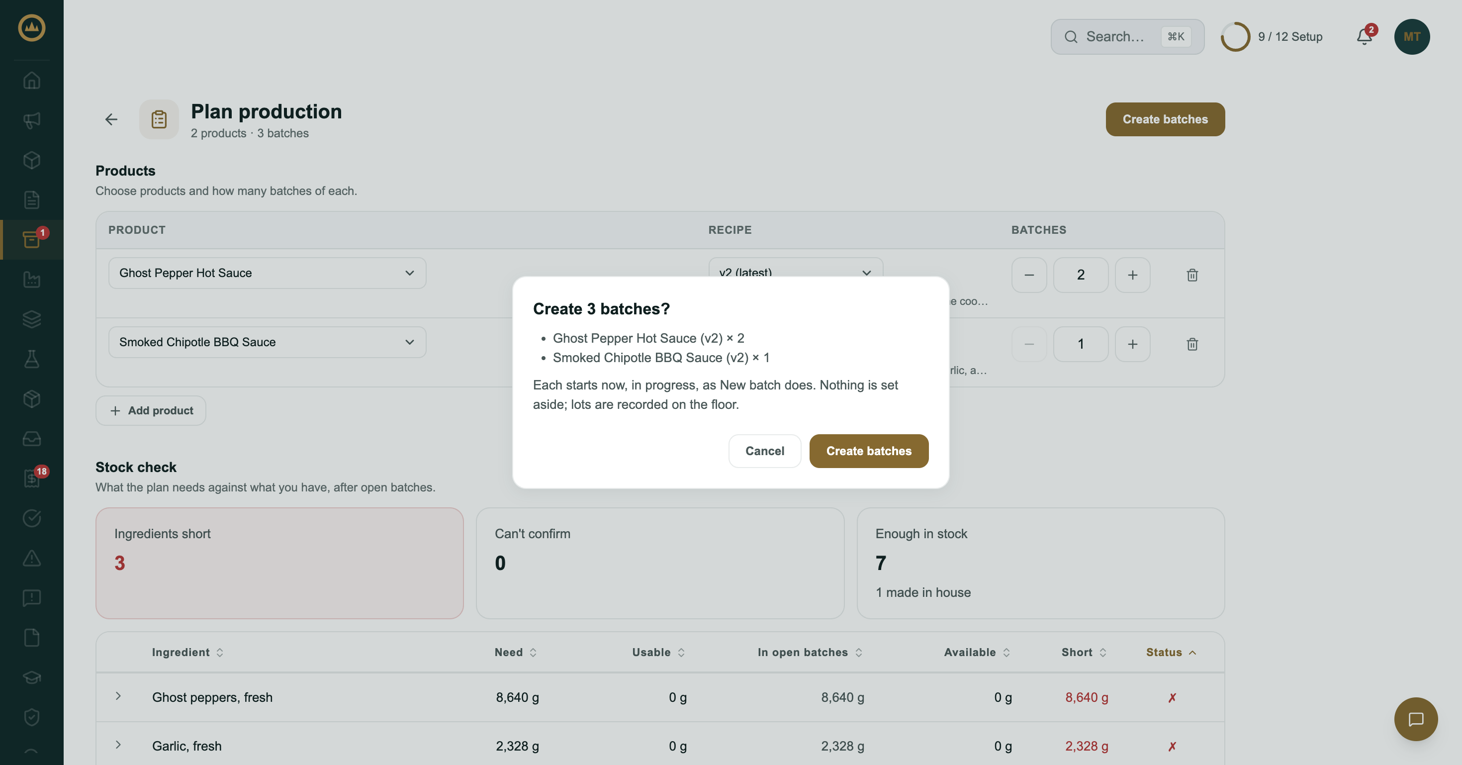 The Create batches confirmation listing each product with its batch count and any start warnings
