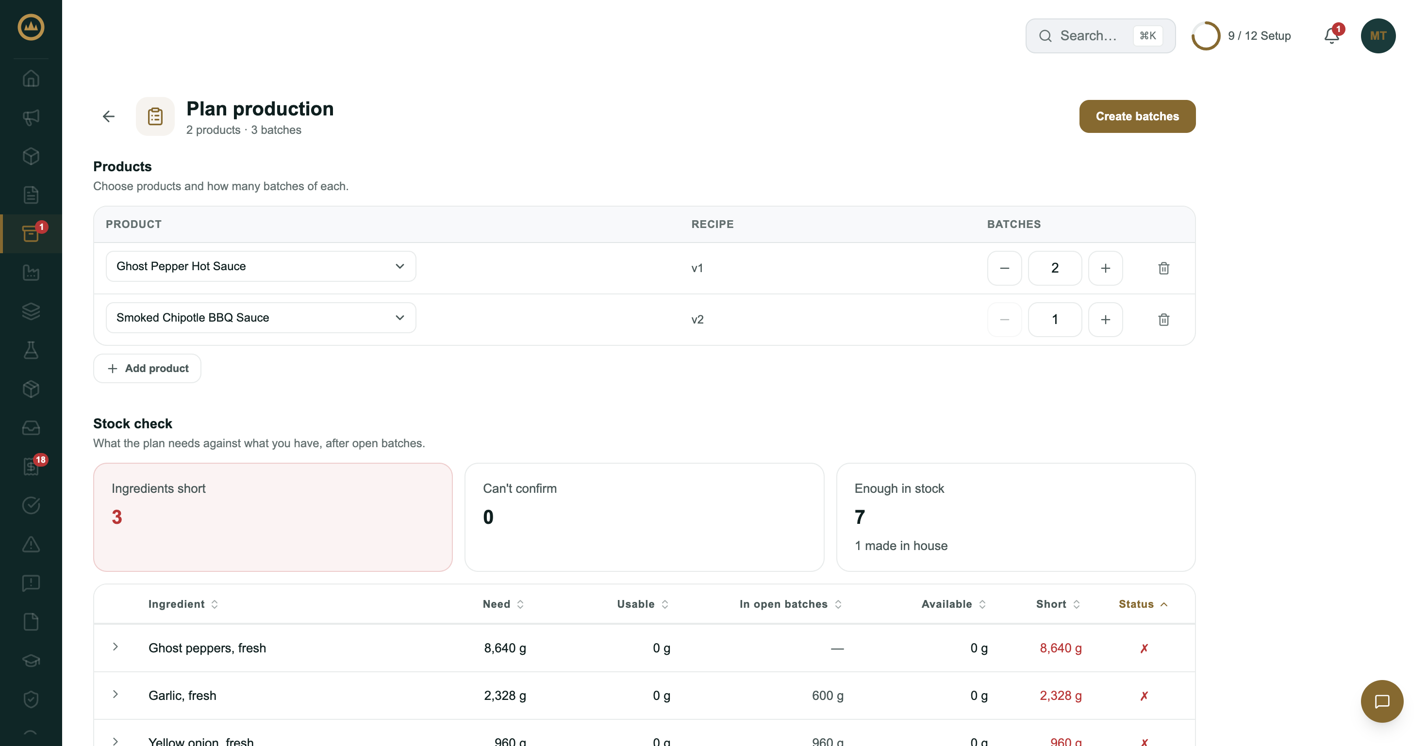 The Plan production page with two products and their batch counts, the stock check summary cards, and the ingredient table