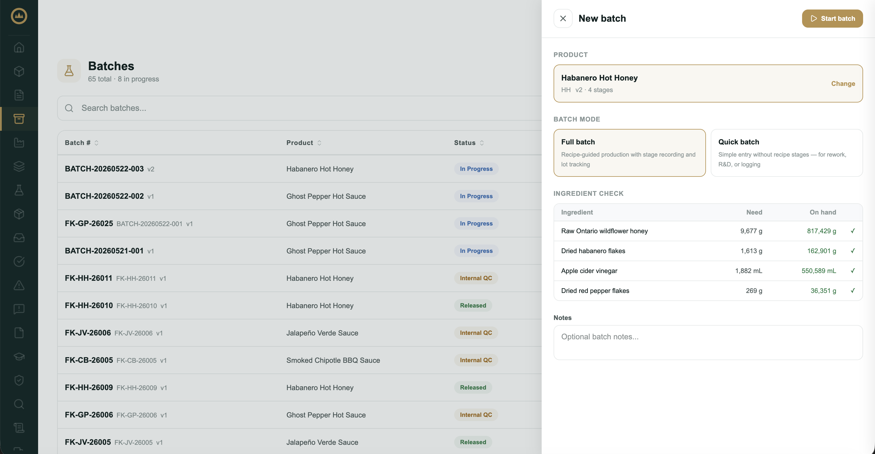The new-batch drawer showing product selection, batch mode, and the ingredient preflight check