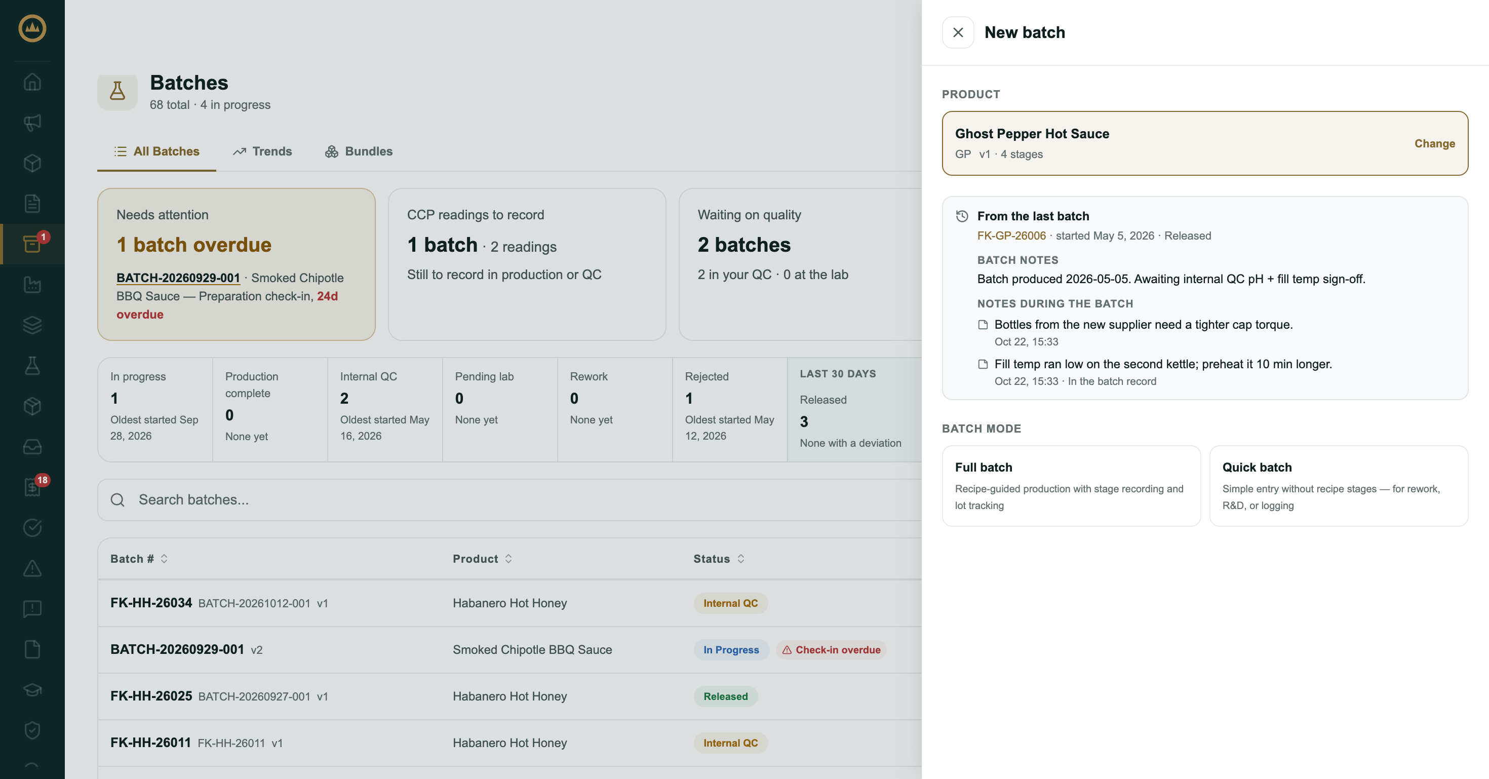 The new-batch drawer with a product chosen, showing the From the last batch panel with the previous batch's notes