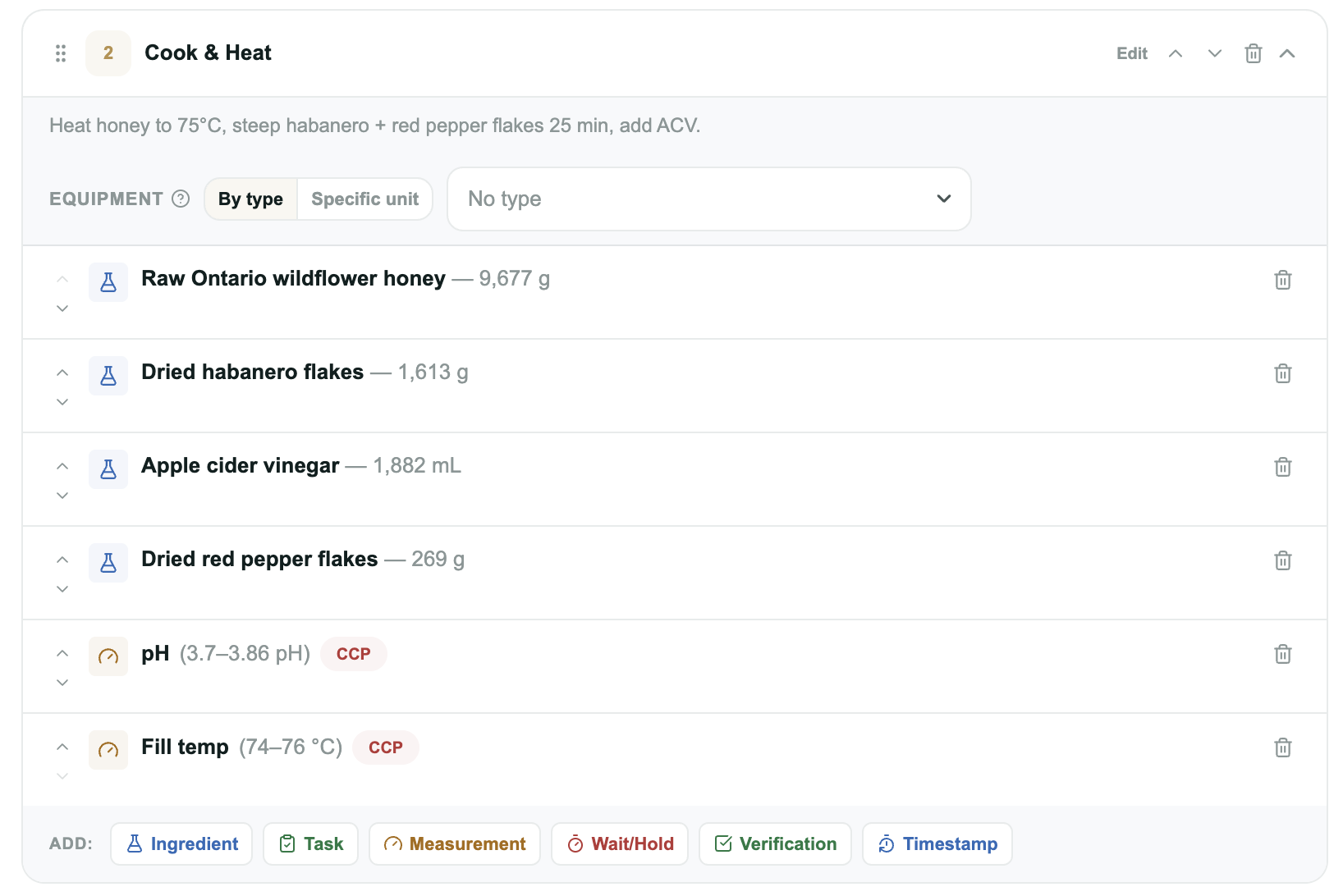 A recipe editor view displaying critical control points.