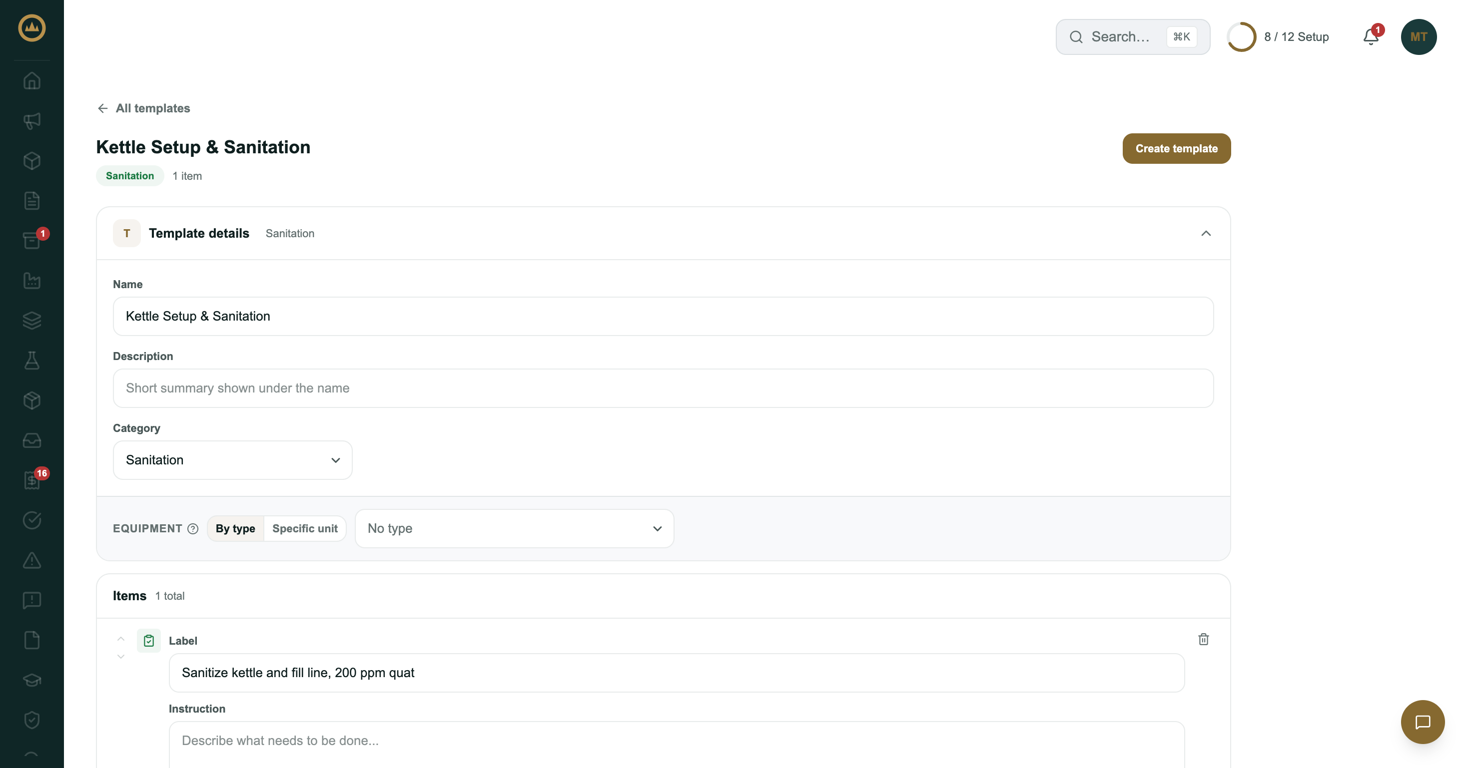 The New template page with a name, a Sanitation category, equipment options and one task item being added