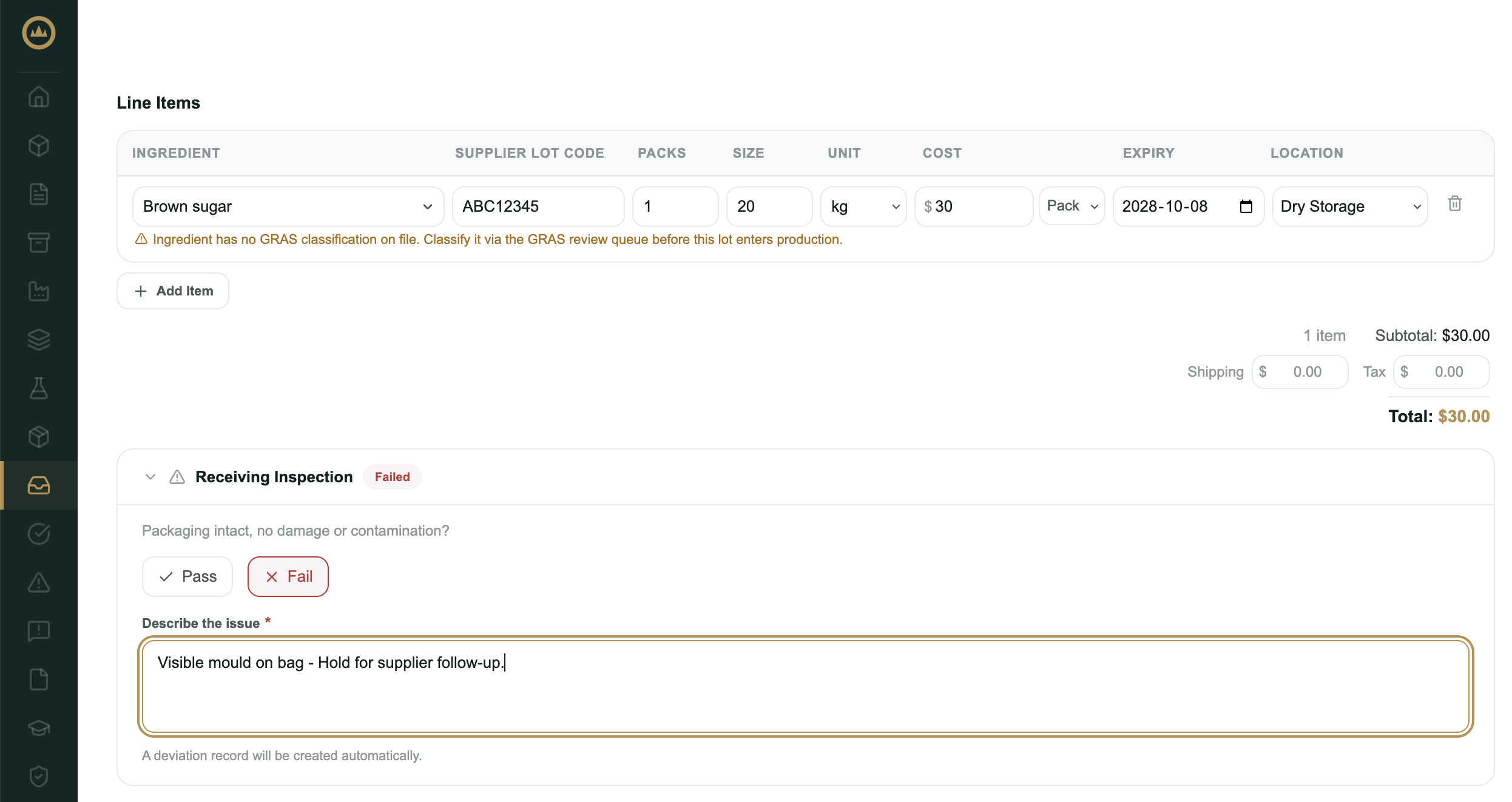 The receiving form showing a failed QC inspection with the issue description field