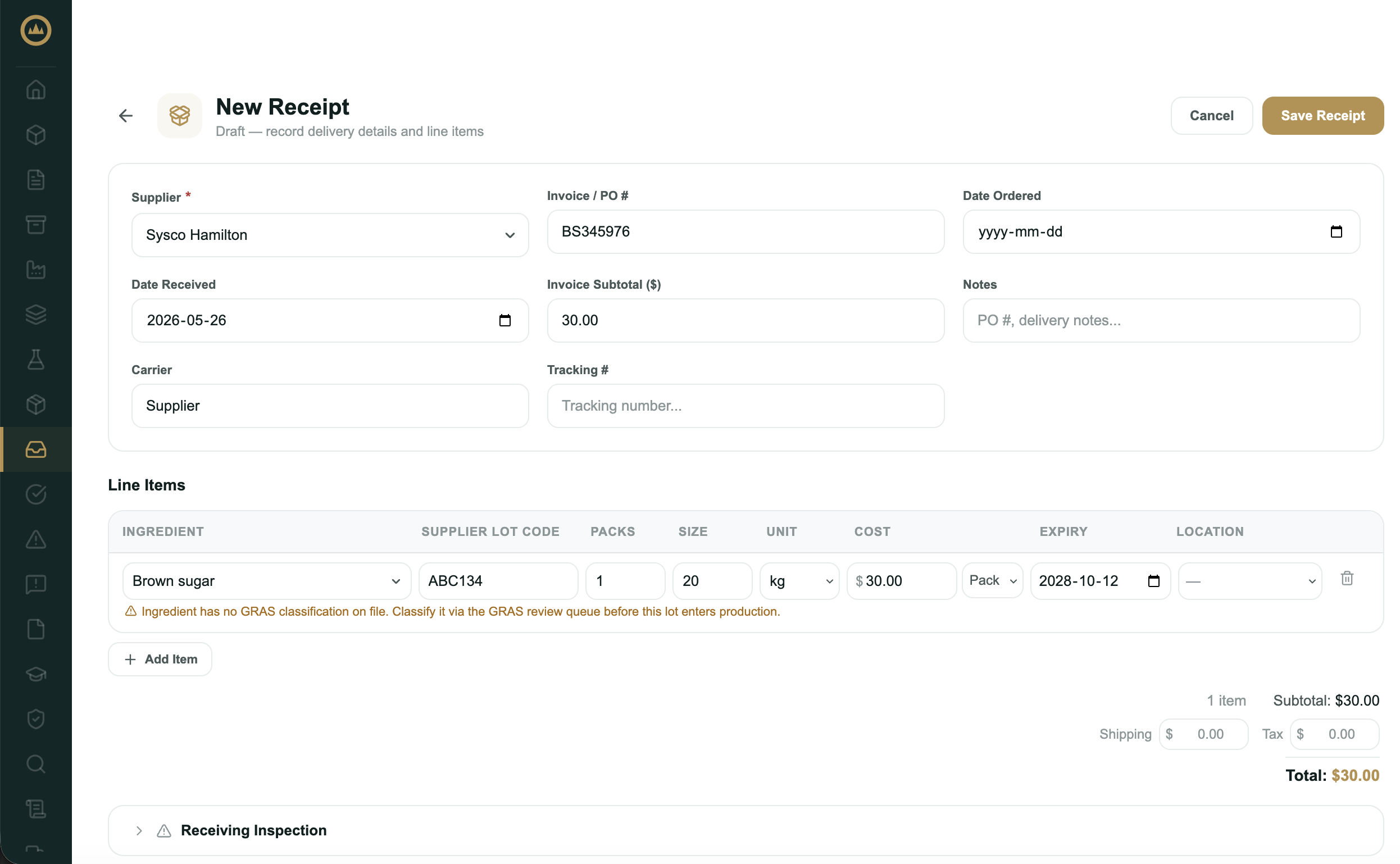 The receiving form showing the supplier header, ingredient line items with lot code and quantity fields, and the receiving inspection toggle