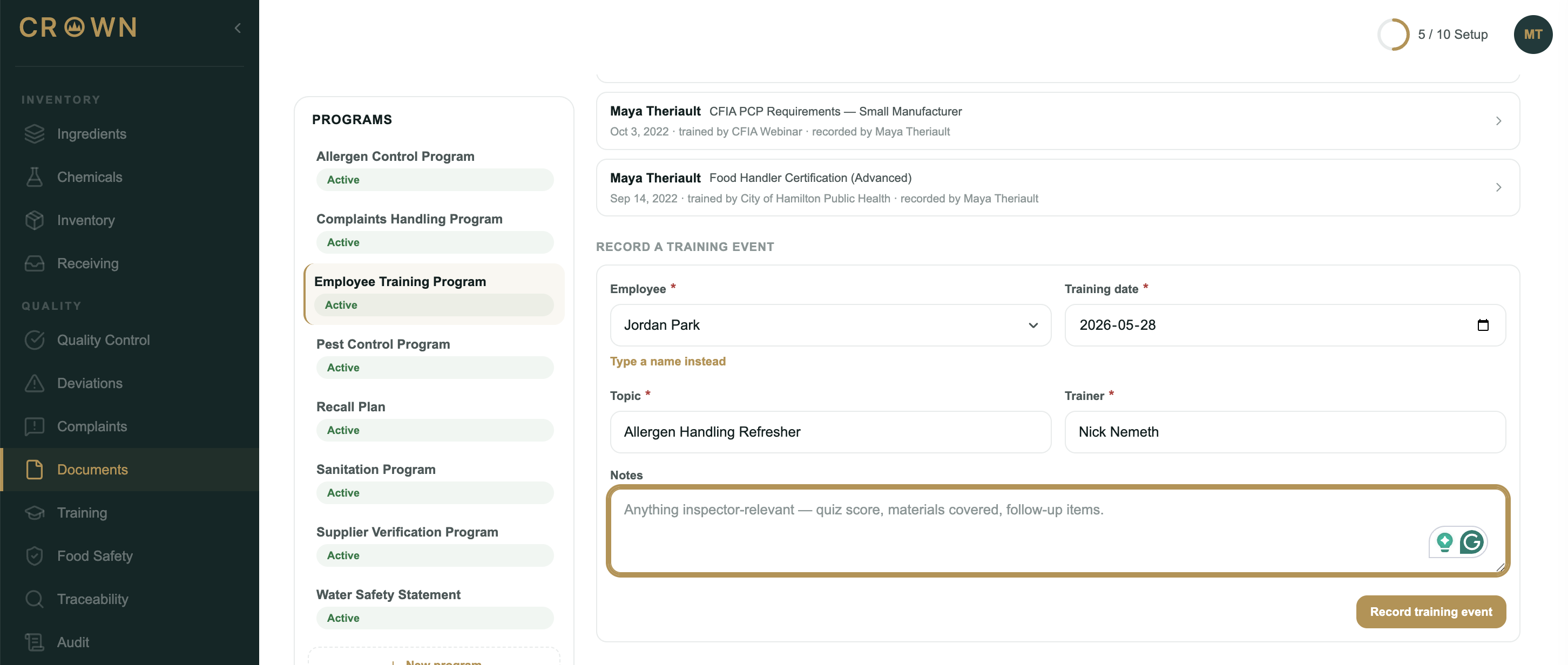 The training events section showing the recent events list and the record-an-event form with employee, date, topic, and trainer fields